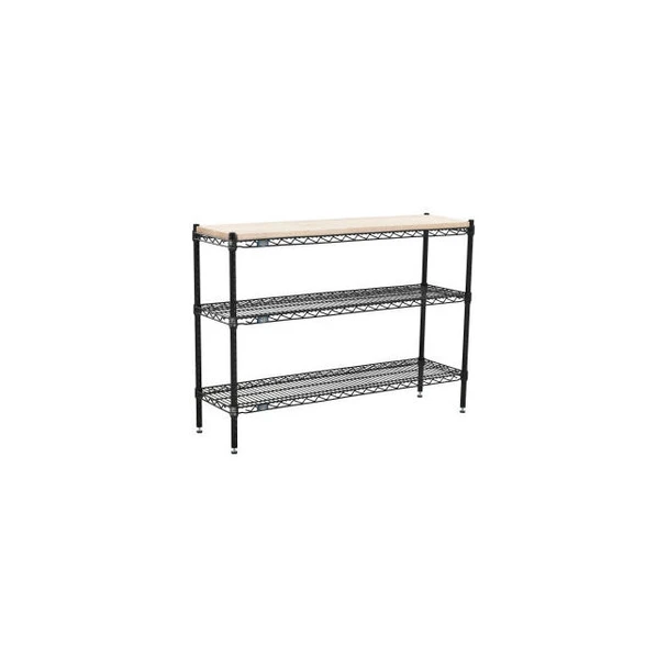 Nexel 3 Shelf Black Epoxy Wire Shelving Unit Hardwood Top Starter 72""W x 14""D