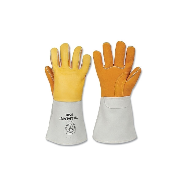 Stick Welding Gloves, 850, Split Elkskin Palm/Top Gr Elkskin BOH/Split Cowhide Cuff, XL, Gold, 14 in L Cuff
