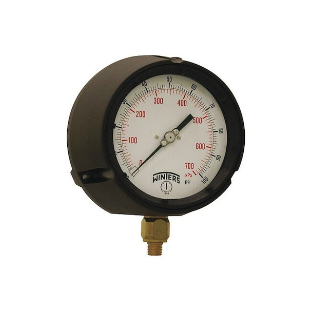 Process Pressure Gauge, 0 to 100 psi, 4 1/2 in Dial, 1/4 in NPT, Bottom Location