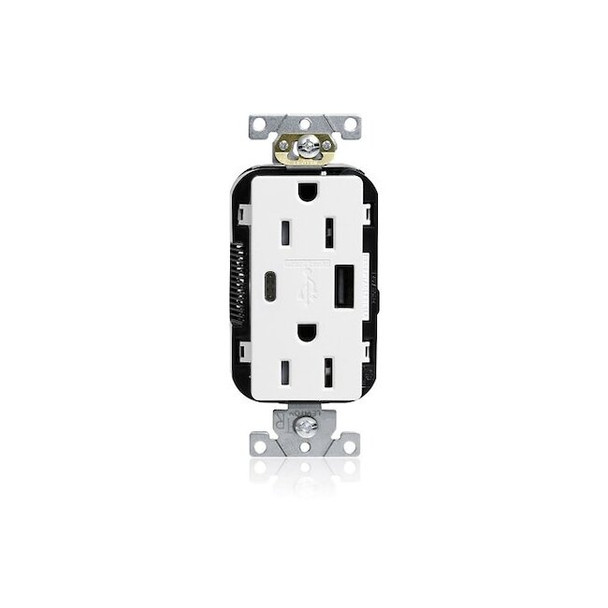 Leviton USB Receptacle, 15 A, 1/2 hp, White, PBT M56AC-W