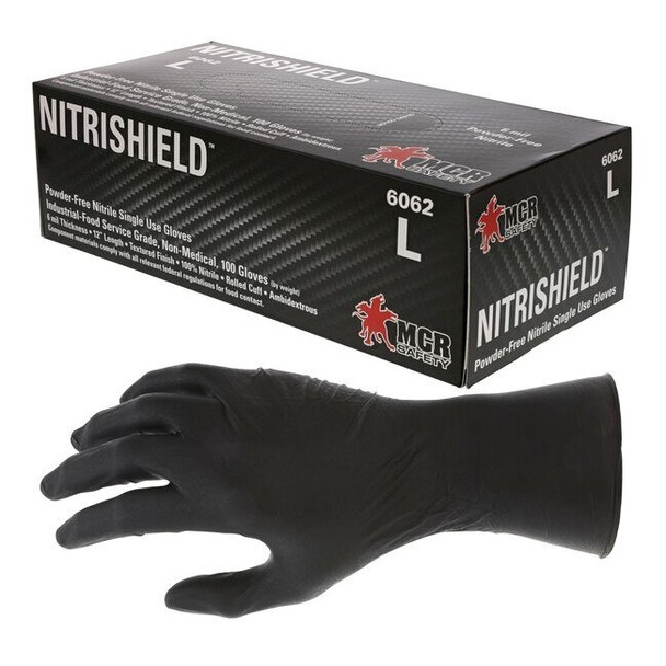 6062M MCR Safety Nitri Shield Stealth Extra Disposable Gloves, Medium, Nitrile