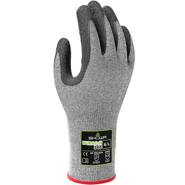 346L-08 Showa, Cut Resistant Glove, Large, A3 Cut, Black, 10.5 L