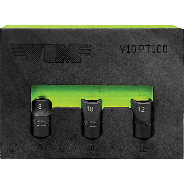 3 PC. 3/8’’ DR. 10-POINT IMPACT SOCKET SET, INCLUDES: 8, 10 & 12MM V10PT100
