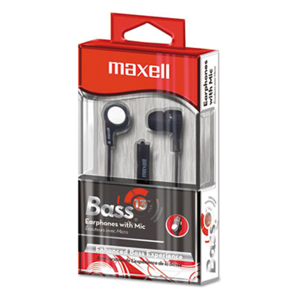 Maxell® B-13 Bass Earbuds with Microphone, 52" Cord, Black 199621