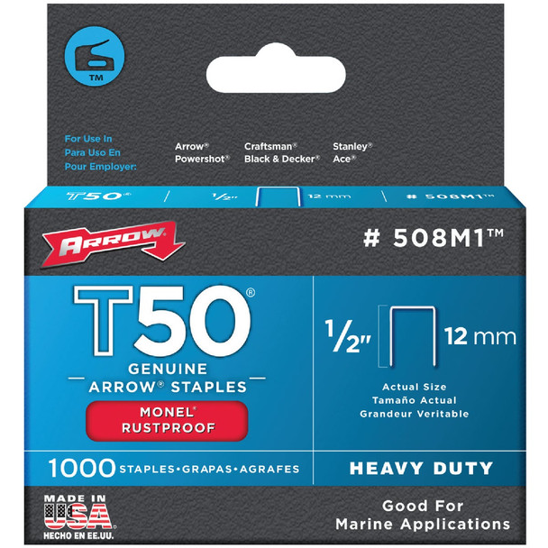 Arrow T50 Heavy-Duty Monel Staple, 1/2 In. (1000-Pack) 508M1