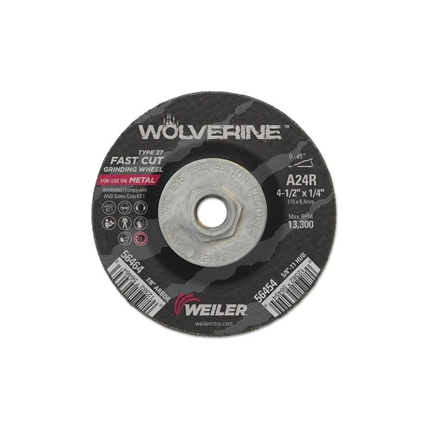 Wolverine® Grinding Wheel, 4-1/2 in dia x 5/8 in-11 UNC Arbor x 1/4 in Thick, AO, 24R