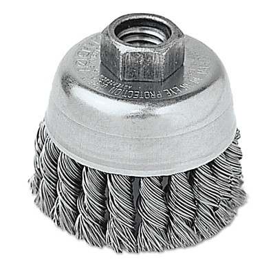 Single Row Heavy-Duty Knot Wire Cup Brush, 2-3/4 dia, 5/8 to 11 UNC, 0.02 Stainless