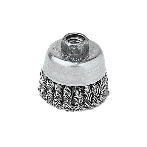 Single Row Heavy-Duty Knot Wire Cup Brush, 2-3/4 dia, 5/8 to 11 UNC, 0.02 Stainless