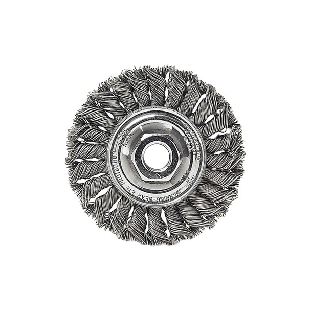 Standard Twist Knot Wheel, 4 dia x 1/2 Wide, 0.014 Stainless Steel, 5/8 in to 11 UNC Nut
