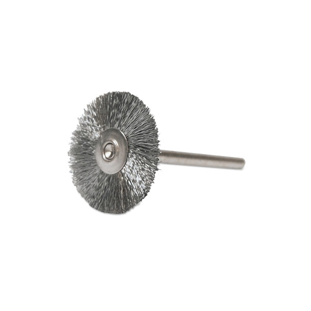 Miniature Stem-Mounted Wheel Brush, 1 in Dia., 0.005 in Steel Wire, 37,000 rpm