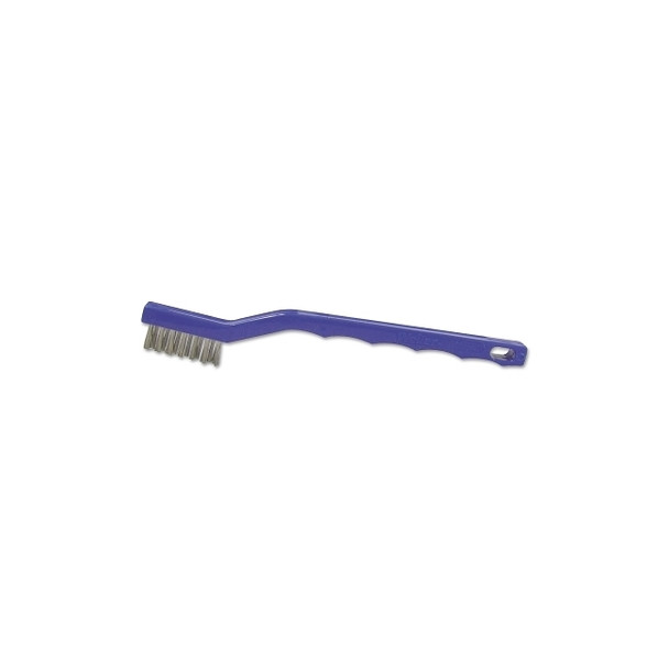 Small Hand Scratch Brush, 7-1/2 in, 3 X 7 Rows, Stainless Steel Wire, Curved Plastic Handle