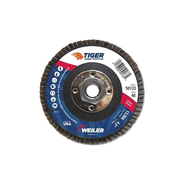 Tiger® Saber Tooth™ Ceramic High Density Flap Disc, 4-1/2 in dia, 40 Grit, 5/8 in-11, 13000 RPM, Type 27