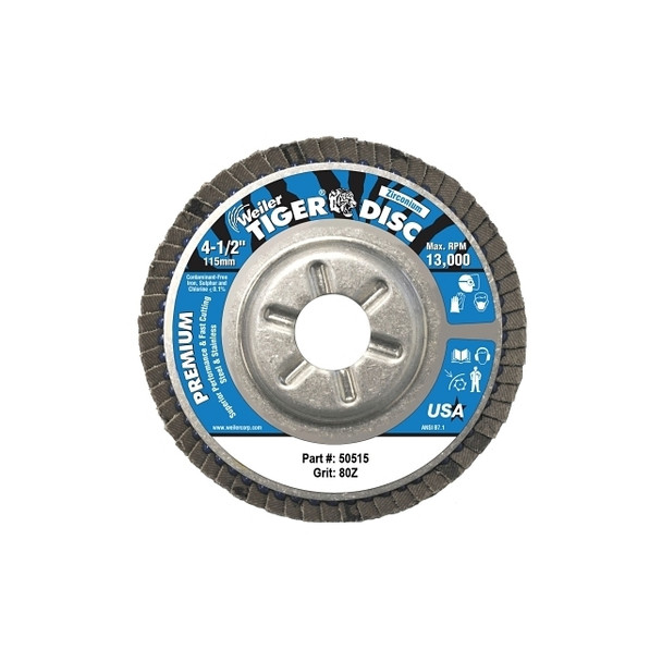 Tiger® Disc Angled Style Flap Disc, 4-1/2 in dia, 80 Grit, 7/8 Arbor, 13000 rpm, Type 29