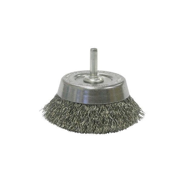 Stem-Mounted Crimped Wire Cup Brush, 2-3/4 in dia, 0.0118 in Steel Wire