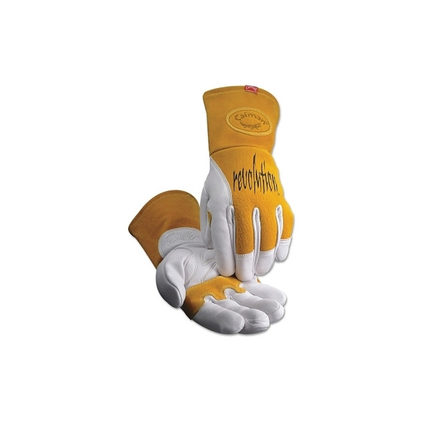 1810 revolution® Cow Grain Unlined Palm 2-Layer Insulated Back MIG/Stick Welding Gloves, Large, Gold/White, Gauntlet Cuff