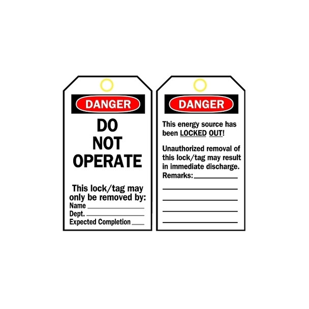 Lockout Tag, 3 in W x 5-3/4 in H, Polyester, Danger, Do Not Operate, Includes Reverse Side, Black/Red on White