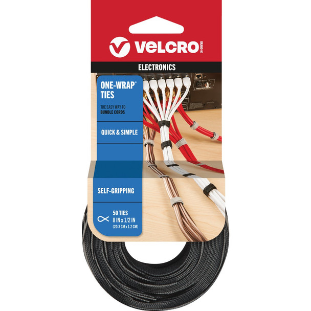 VELCRO Brand One-Wrap 1/2 In. x 8 In. Black Hook & Loop Tie (50-Count) 90924