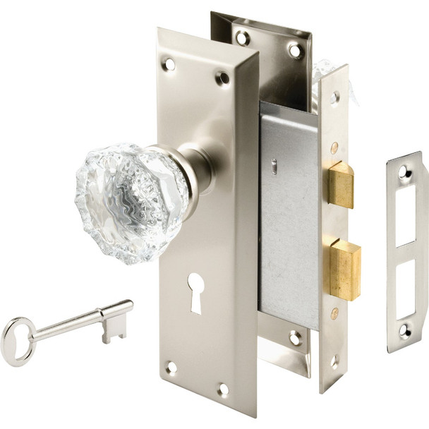 Defender Security Satin Nickel Keyed Mortise Entry Lock Set With Glass Knob