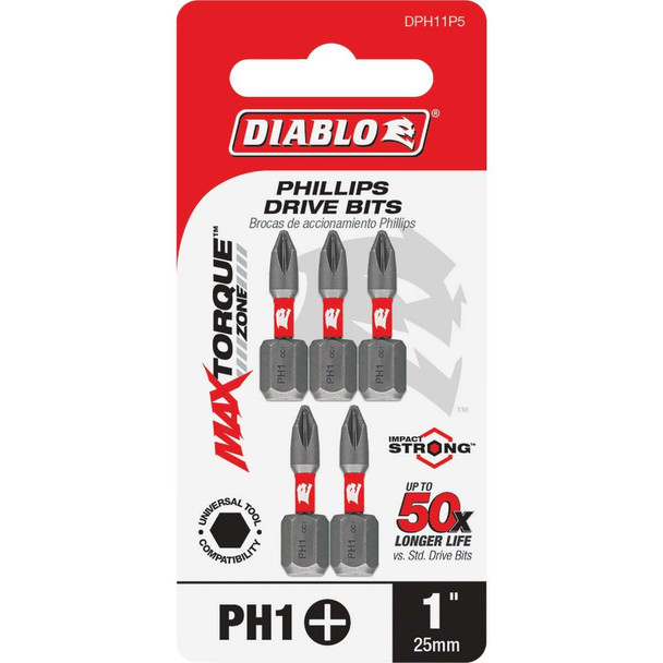Diablo #1 Phillips 1 In. Insert Impact Screwdriver Bit (5-Pack) DPH11P5