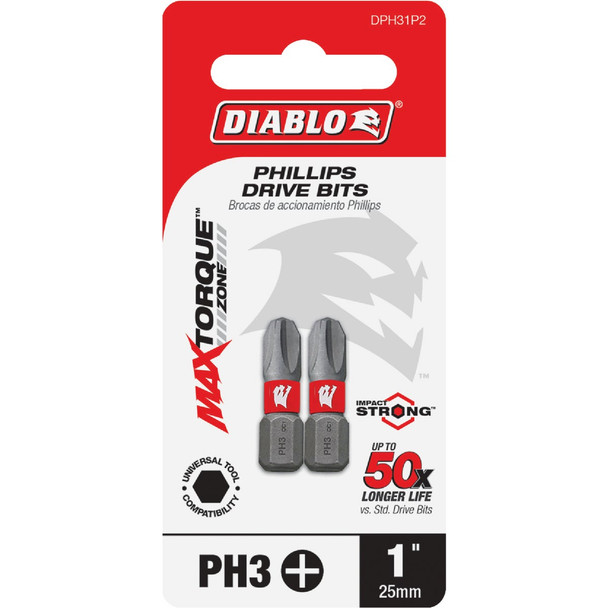 Diablo #3 Phillips 1 In. Insert Impact Screwdriver Bit (2-Pack) DPH31P2