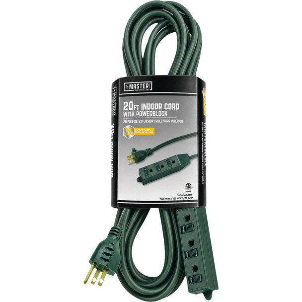 Master Electrician 20 Ft. 16/3 3-Outlet Green Extension Cord with Powerblock