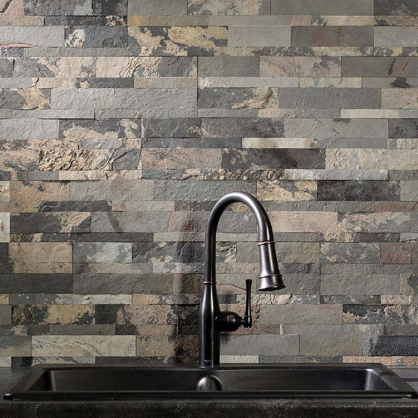 Aspect 6 In. x 24 In. Natural Stone Backsplash Peel & Stick, Medley Slate A9081
