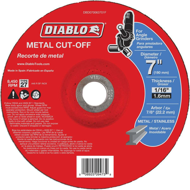 Diablo Type 27 7 In. x 1/16 In. x 7/8 In. Metal Cut-Off Wheel DBD070063701F