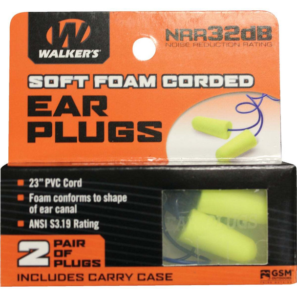 Walker's Soft Foam Corded Neon Yellow Ear Plugs (2-Pair) GWP-EPCORD-YL