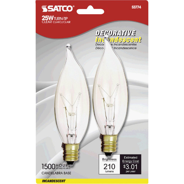 Satco 25W Clear Candelabra CA8 Incandescent Turn Tip Light Bulb (2-Pack) S3774