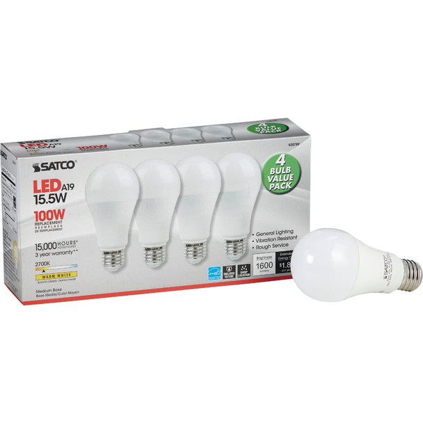 Satco 100W Equivalent Warm White A19 Medium LED Light Bulb (4-Pack) S28789