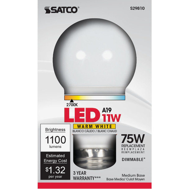 Satco 75W Equivalent Warm White A19 Medium Dimmable LED Light Bulb S29810
