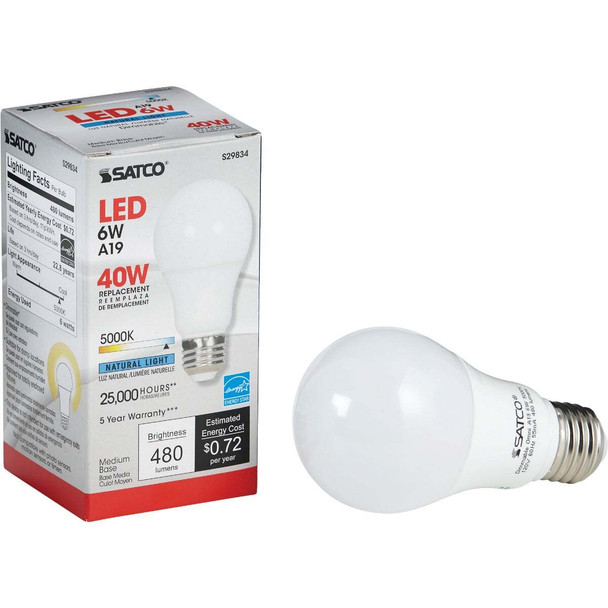 Satco 40W Equivalent Natural Light A19 Medium Dimmable LED Light Bulb S29834