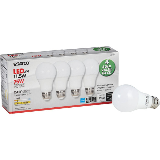 Satco 75W Equivalent Warm White A19 Medium LED Light Bulb (4-Pack) S14323