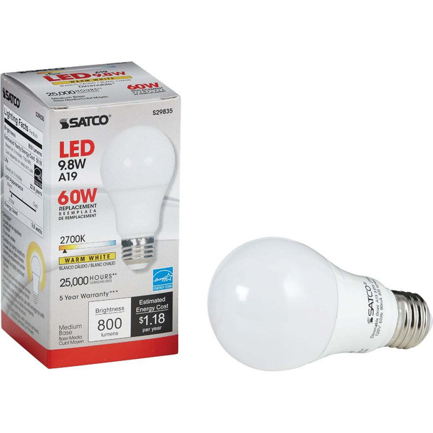 Satco 60W Equivalent Warm White A19 Medium Dimmable LED Light Bulb S29835