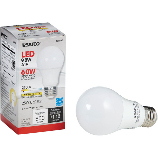 Satco 60W Equivalent Warm White A19 Medium Dimmable LED Light Bulb S15137
