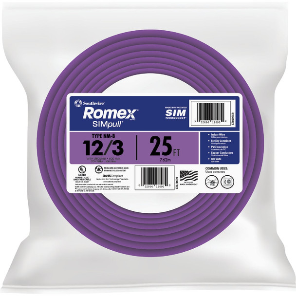 Romex 25 Ft. 12/3 Solid Purple NMW/G Electrical Wire 63947821