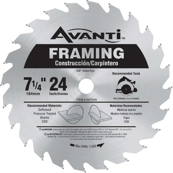 Avanti 7-1/4 In. 24-Tooth Framing Circular Saw Blade A0724A