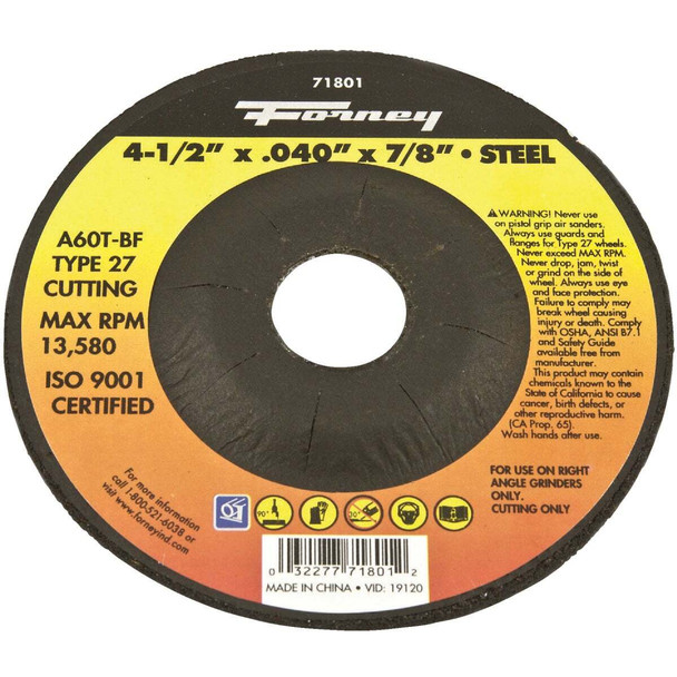 Forney Type 27 4-1/2 In. x 0.040 In. x 7/8 In. Steel Cut-Off Wheel 71801
