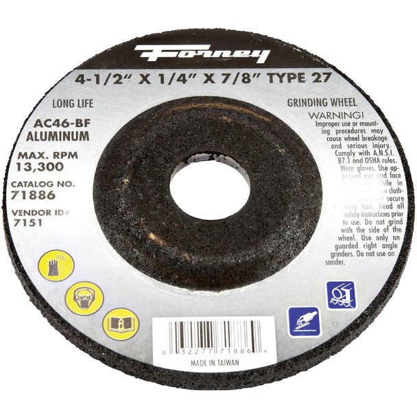 Forney Type 27 4-1/2 In. x 1/4 In. x 7/8 In. Aluminum Grinding Cut-Off Wheel Forney Type 27 4-1/2 In. x 1/4 In. x 7/8 In. Aluminum Grinding Cut-Off Wheel