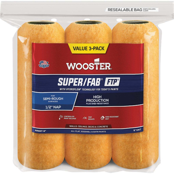 Wooster Super/Fab FTP 9 In. x 1/2 In. Knit Fabric Roller Cover (3- Pack) RR927-9