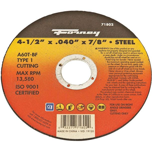 Forney Type 1 4-1/2 In. x 0.040 In. x 7/8 In. Steel Cut-Off Wheel 71802