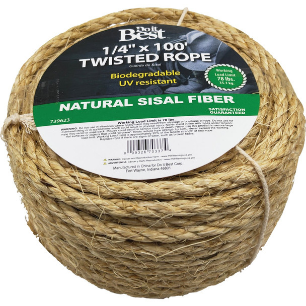 Do it Best 1/4 In. x 100 Ft. Natural Twisted Sisal Fiber Packaged Rope 739623