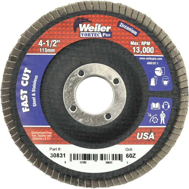 Weiler Vortec 4-1/2 In. x 7/8 In. 60-Grit Type 29 Angle Grinder Flap Disc 30831