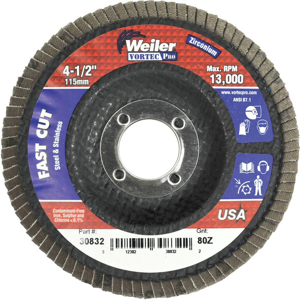 Weiler Vortec 4-1/2 In. x 7/8 In. 80-Grit Type 29 Angle Grinder Flap Disc 30832 Weiler Vortec 4-1/2 In. x 7/8 In. 80-Grit Type 29 Angle Grinder Flap Disc 30832
