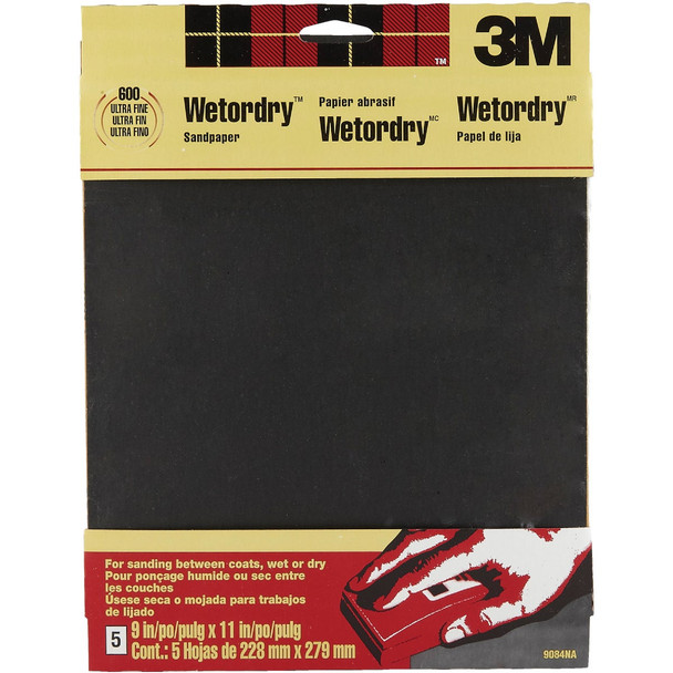 3M Wetordry 9 In. x 11 In. Ultra Fine Sandpaper, 600 Grit (5-Pack) 9084NA
