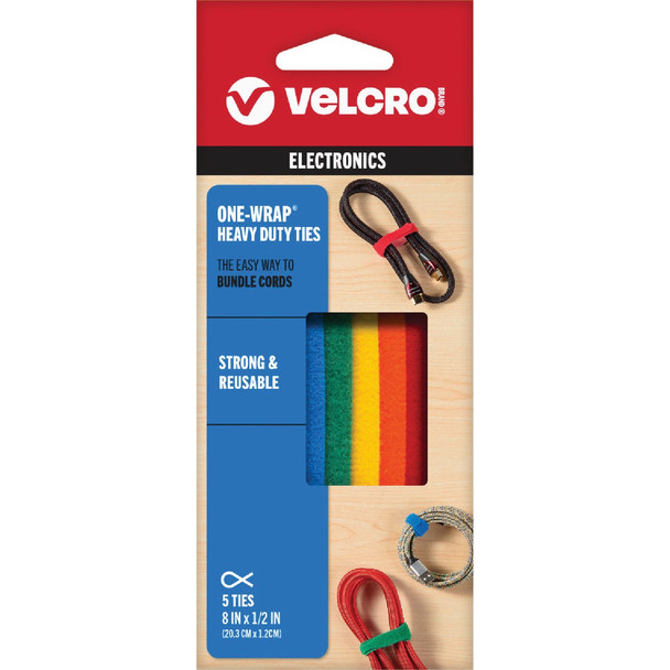 VELCRO Brand One-Wrap 1/2 In. x 8 In. Assorted Hook & Loop Tie (5-Count) 90438