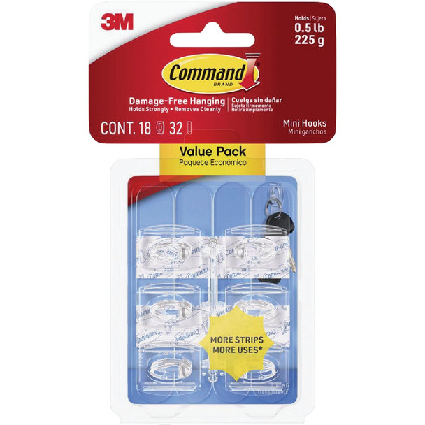 Command Clear Mini Hooks, Clear, 18 Hooks, 32 Strips 17006CLR-18ES