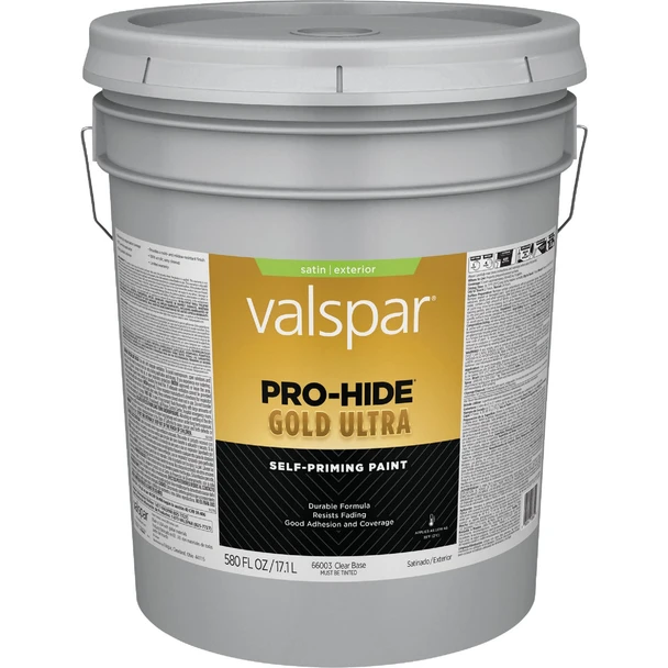 Valspar Pro-Hide Gold Ultra Latex Satin Exterior House Paint, Clear Base, 5 Gal.