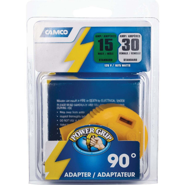 Camco Power Grip 15A Male to 30A Female 90 Deg RV Plug Adapter 55325