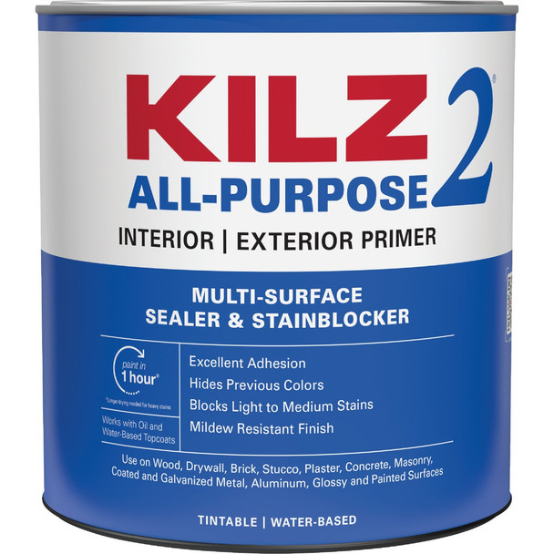 KILZ 2 Latex Interior/Exterior Sealer Stain Blocking Primer, White, 1 Qt. 20002